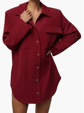 JLUXLABEL Women's Oversized Collared Shirt Dress in Burgundy with shoulder pads